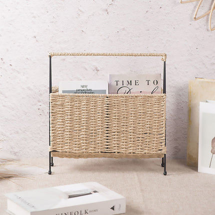 Hand Woven Magazine Rack 35x10x36cm Paper Rope Iron Frame for Living Room Office
