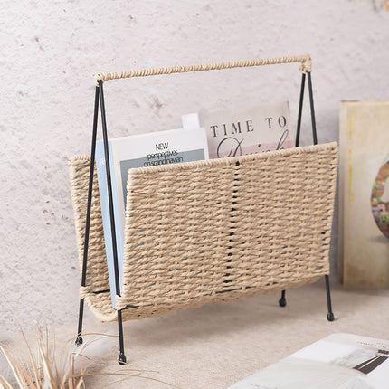 Hand Woven Magazine Rack 35x10x36cm Paper Rope Iron Frame for Living Room Office