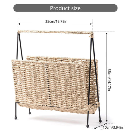 Hand Woven Magazine Rack 35x10x36cm Paper Rope Iron Frame for Living Room Office