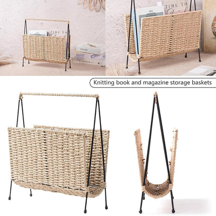 Hand Woven Magazine Rack 35x10x36cm Paper Rope Iron Frame for Living Room Office