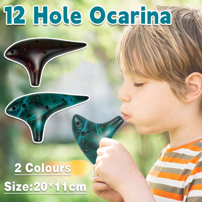 Ocarina Instrument 12 Hole Alto Model Blue Ceramic Flute with Chart for Beginner