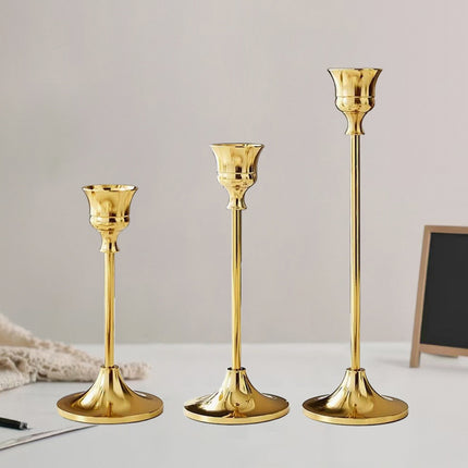 3 Pcs Vintage Candlesticks Set in Gold Metal with Different Heights