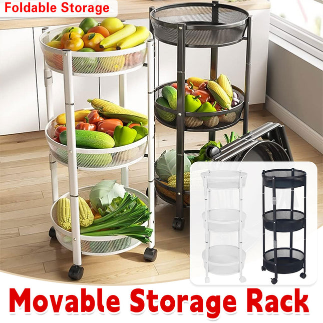 Foldable 3 Tier Rolling Cart Metal Vegetable Storage Basket Organizer Trolley