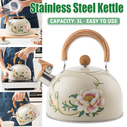 3L Stainless Steel Whistling Kettle Floral Anti Scald Handle for Gas Stove Top