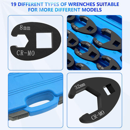 19PCS Open End Wrench Head Set Oil Pipe Spanner Auto Repair Line Removal Tool