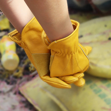 Golden Yellow Cowhide Work Gloves Full Finger Gardening DIY Home Maintenance Use