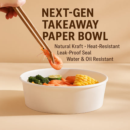 50PCS Disposable Round Paper Bowls 750ml Food-safe with Lid Takeout Soup Salad