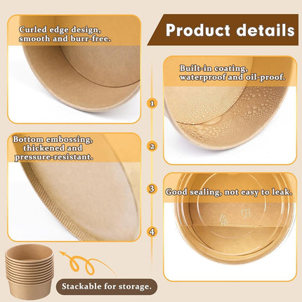 50PCS Disposable Round Paper Bowls 750ml Food-safe with Lid Takeout Soup Salad
