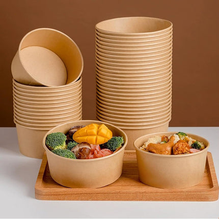 50PCS Disposable Round Paper Bowls 750ml Food-safe with Lid Takeout Soup Salad