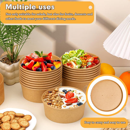 50PCS Disposable Round Paper Bowls 750ml Food-safe with Lid Takeout Soup Salad