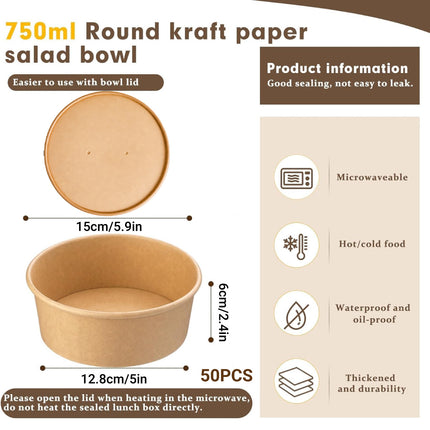 50PCS Disposable Round Paper Bowls 750ml Food-safe with Lid Takeout Soup Salad