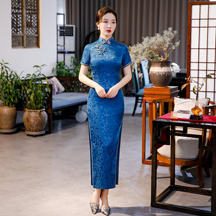 Blue Cheongsam Dress Long Retro Elegant Style Traditional Chinese Qipao Vintage
