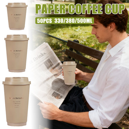 50PCS Coffee Paper Cups with Lids 330/380/500ml Disposable Takeaway Hot Drink