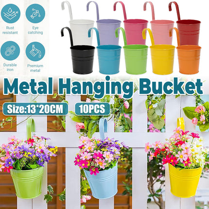 10PCS Hanging Metal Flower Bucket Durable Multicolour for Balcony Garden Decor