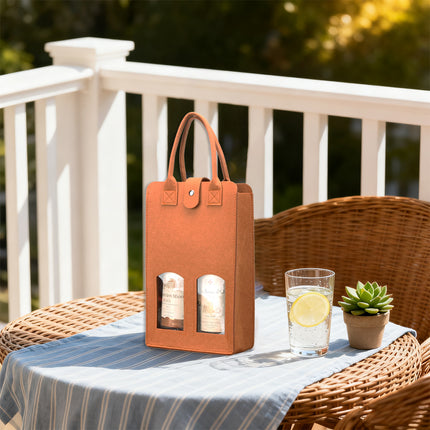 Wine Gift Bag Felt Double Bottle Clear Window Snap Closure Handle Carrier