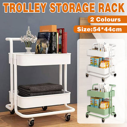 2 Tier Trolley Cart Storage Utility Rack Swivel Shelf Organizer Green White