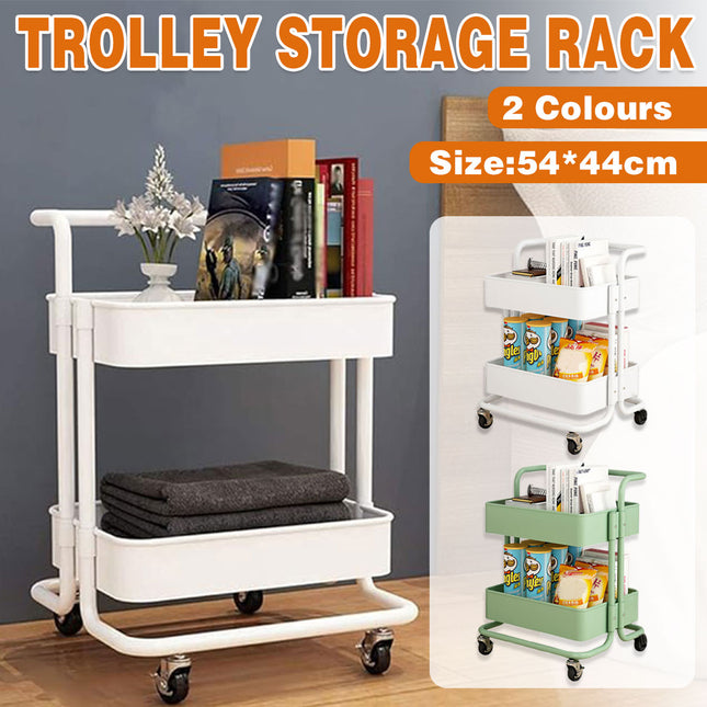 2 Tier Trolley Cart Storage Utility Rack Swivel Shelf Organizer Green White