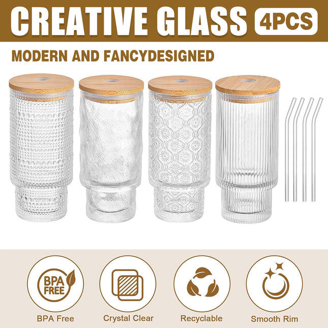 4PCS 11OZ Juice Cup with Lid and Straw Creative Glass Drink Cup for Home Office