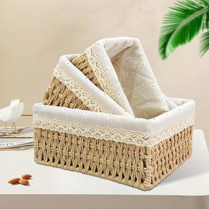 3pcs Rattan Storage Basket Woven Fabric Grass Basket for Home Organiser Decor