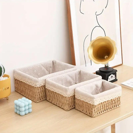 3pcs Rattan Storage Basket Woven Fabric Grass Basket for Home Organiser Decor