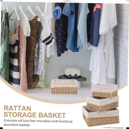3pcs Rattan Storage Basket Woven Fabric Grass Basket for Home Organiser Decor