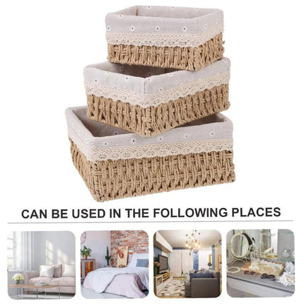 3pcs Rattan Storage Basket Woven Fabric Grass Basket for Home Organiser Decor