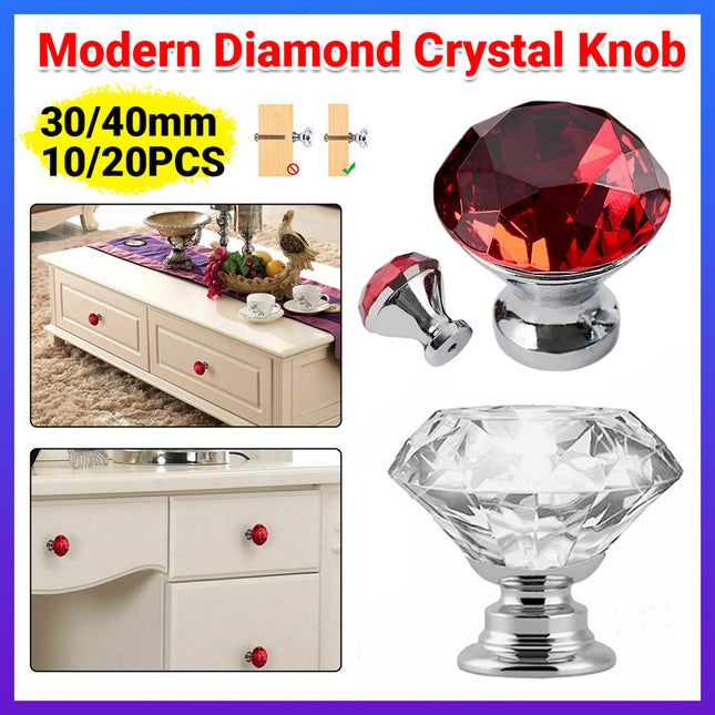 Door Knobs Handles Clear Crystal Diamond Glass Kitchen Cupboard Cabinet Pulls 30MM