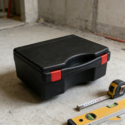 Black plastic toolbox with electronics and tools organised in custom foam insert compartments