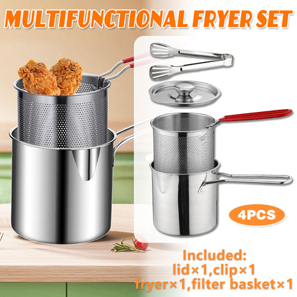 4PCS Stainless Steel Fryer Set Basket Lid Clip Induction Stove Cooking Pot