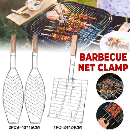 Barbecue Net Clamp Iron Wire Mesh with Wooden Handle for Camping Grill