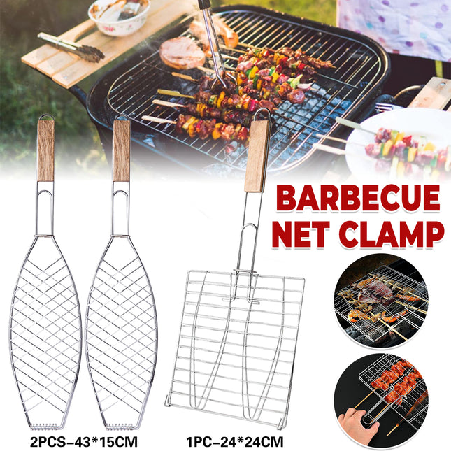 Barbecue Net Clamp Iron Wire Mesh with Wooden Handle for Camping Grill