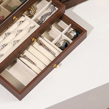 Multi Layer Wooden Jewelry Box Walnut Grain with Compartments Drawers Display