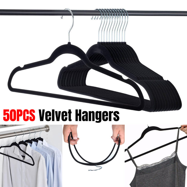 Garment Hangers Set 50PCS Flocking Style 45cm Black Non Slip Clothes Rack Closet