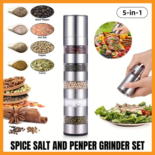 5 in 1 Stainless Steel Salt and Pepper Grinder Manual Spice Grinder Bottle Kitchen
