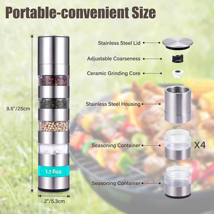 5 in 1 Stainless Steel Salt and Pepper Grinder Manual Spice Grinder Bottle Kitchen