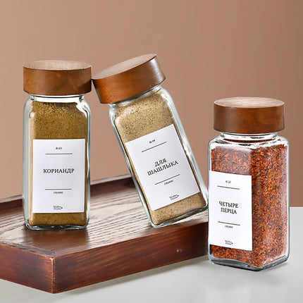 6PCS Glass Spice Jars with Wooden Lids and Labels for Kitchen Pantry Storage Use