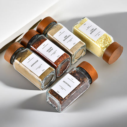 6PCS Glass Spice Jars with Wooden Lids and Labels for Kitchen Pantry Storage Use