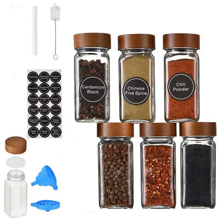 6PCS Glass Spice Jars with Wooden Lids and Labels for Kitchen Pantry Storage Use