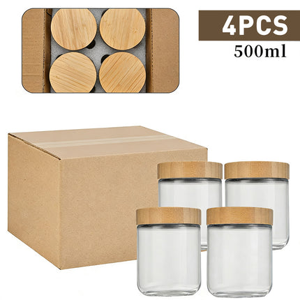 4PCS Glass Storage Jars 300/500ml with Bamboo Lids Clear for Kitchen Pantry