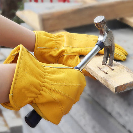 Golden Yellow Cowhide Work Gloves Full Finger Gardening DIY Home Maintenance Use