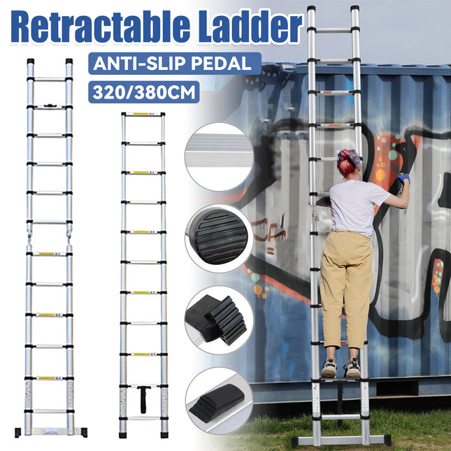 Retractable Ladder 320/380cm Aluminium Alloy Anti-Slip Striper Pedals Stable
