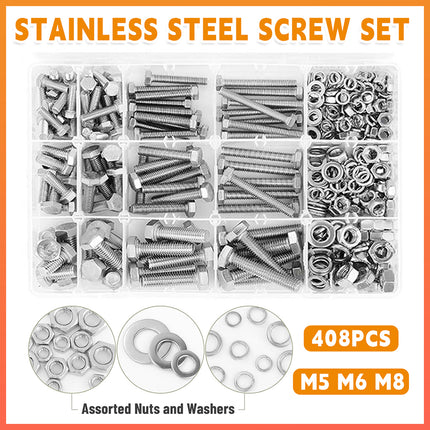 408PCS Stainless Steel Hex Bolts Nuts Washers Assortment Set with Storage Box