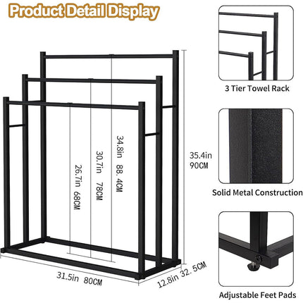 3 Bar Metal Floor-Standing Towel Rack 80x32.5x90cm Durable for Bathroom Bedroom