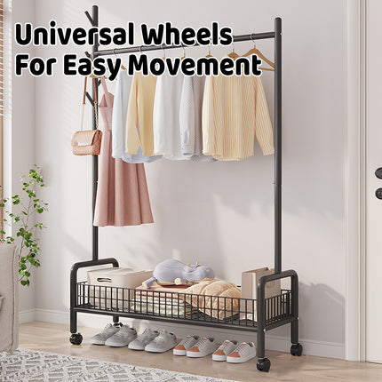 Mobile Clothes Rack with Wheels Sturdy Durable Space Saving for Home Bedroom Use