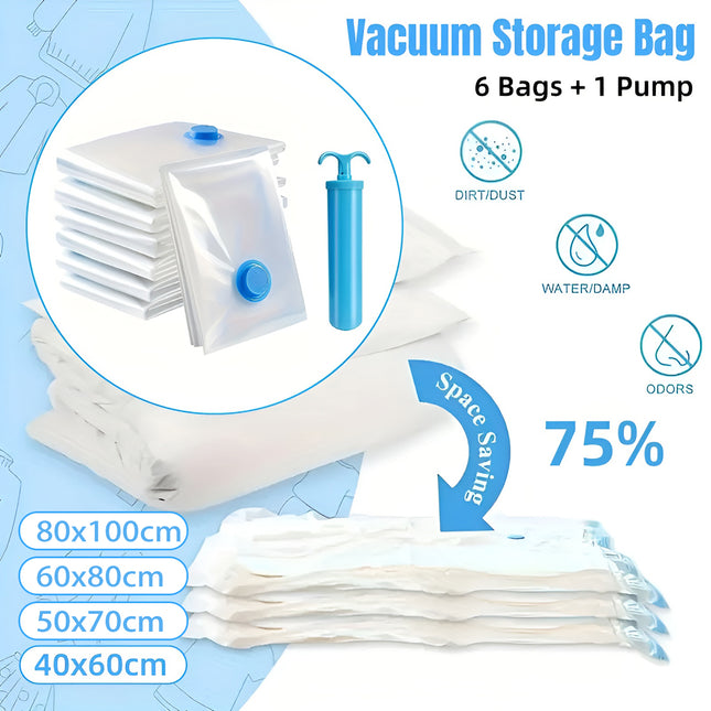 6PCS Vacuum Storage Bags Clear Space Saving for Clothes Bedding Travel Use