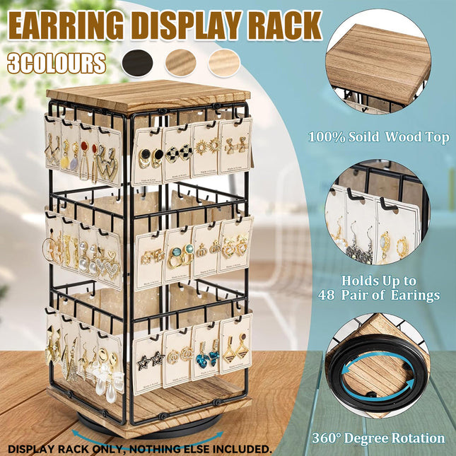 360 Rotation Earring Display Stand Wood Iron Holds 48 Pairs Jewelry Organizer