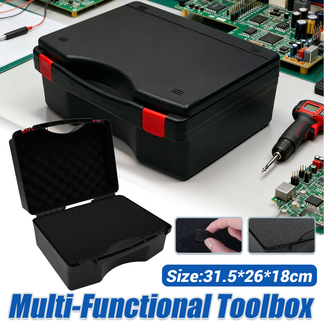 Multi-functional black plastic tool box 31.5x26x18cm with customisable foam insert and red latches