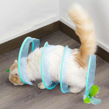 Cat Tunnel Toy Set Collapsible Cat Tube with Teaser Wand Feather Toy Indoor Play