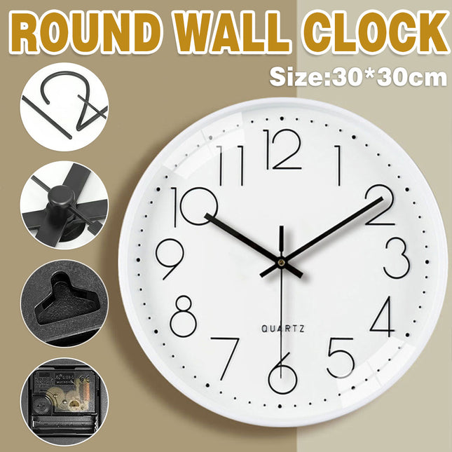 Wall Clock Silent 30cm Round Quartz Hanging Clock for Home Office Living Room