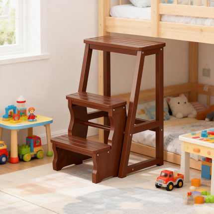3 Tier Multi Function Bamboo Foldable Step Stool Space Saving Anti-Slip Footrest